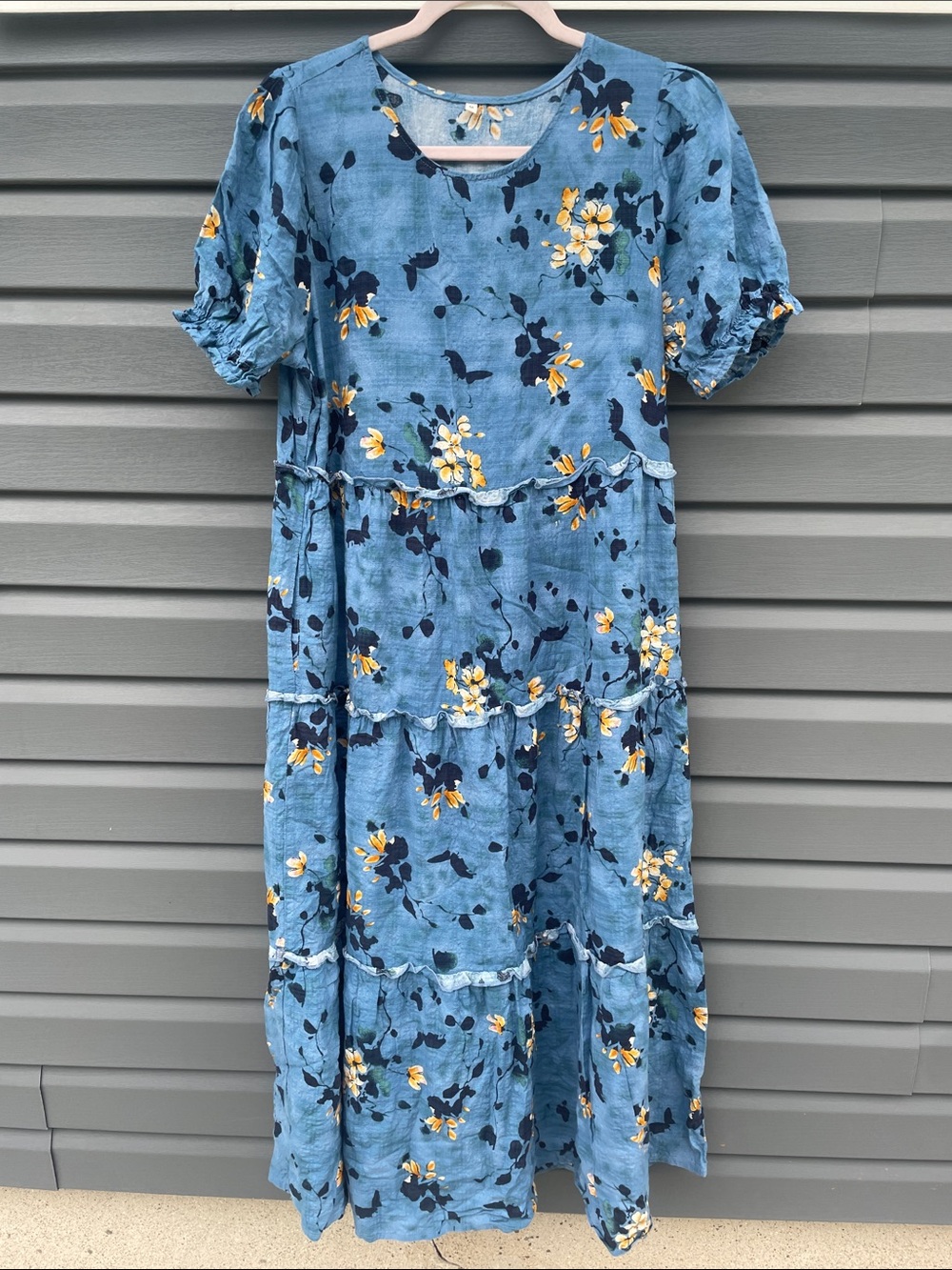 Light Blue Floral Tiered Maxi Dress with Puff Sleeves